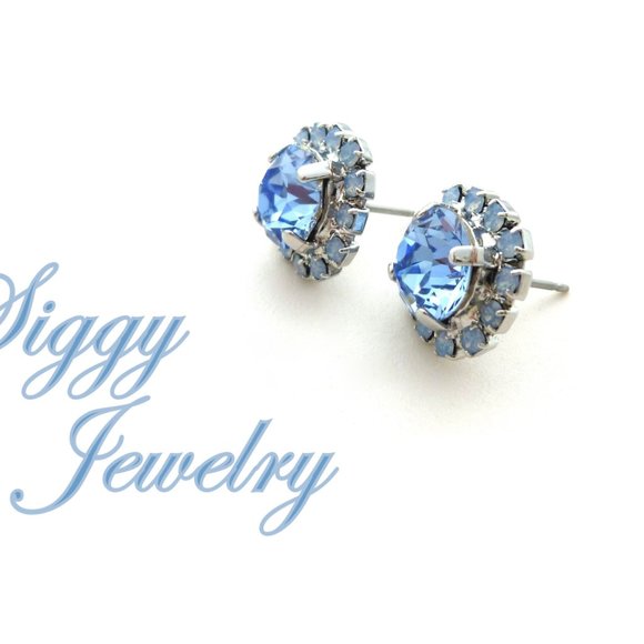 Swarovski Crystal Light Sapphire and Air Blue Opal Halo Studs Post Earrings - Picture 4 of 7